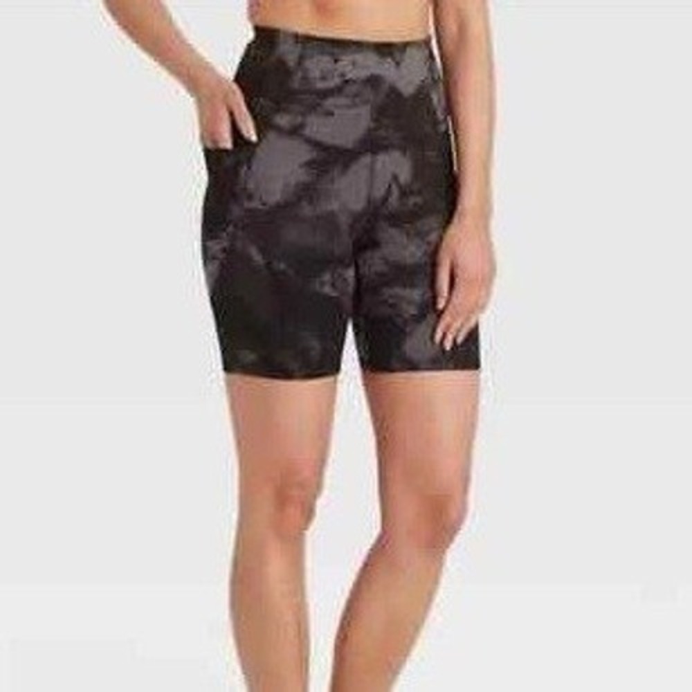 All in Motion Hi Rise Bike Shorts Womens S Black Grey Marble Pocket Stretch Yoga